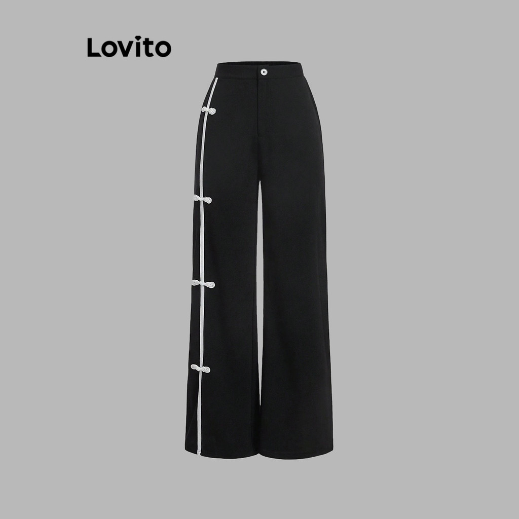 Lovito กางเกงผ้าธรรมดาเย็บชายระบายลำลองสำหรับผู้หญิง L110AD474