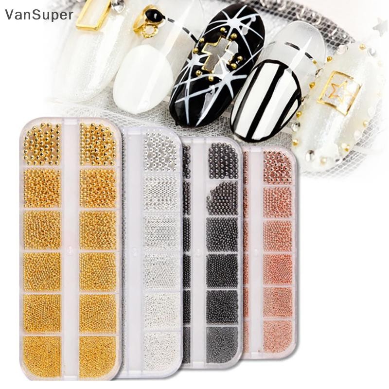 Vansuper 6Grids 3 ขนาดสแตนเลสคาเวียร์ลูกปัดตกแต่งเล็บทองเงินสีดําเล็บเครื่องประดับเล็บ DIY ตกแต่งเล็บร้อน