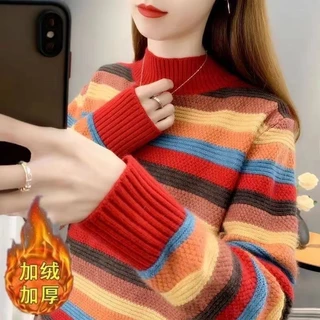 ครึ่งคอเต่าลายเสื้อกันหนาวผู้หญิง 2025 ฤดูใบไม้ร่วงฤดูหนาวสไตล์ใหม่เกาหลีรุ่นหลวมถักเสื้อ จุดต่ําสุด ด้านนอก เรา