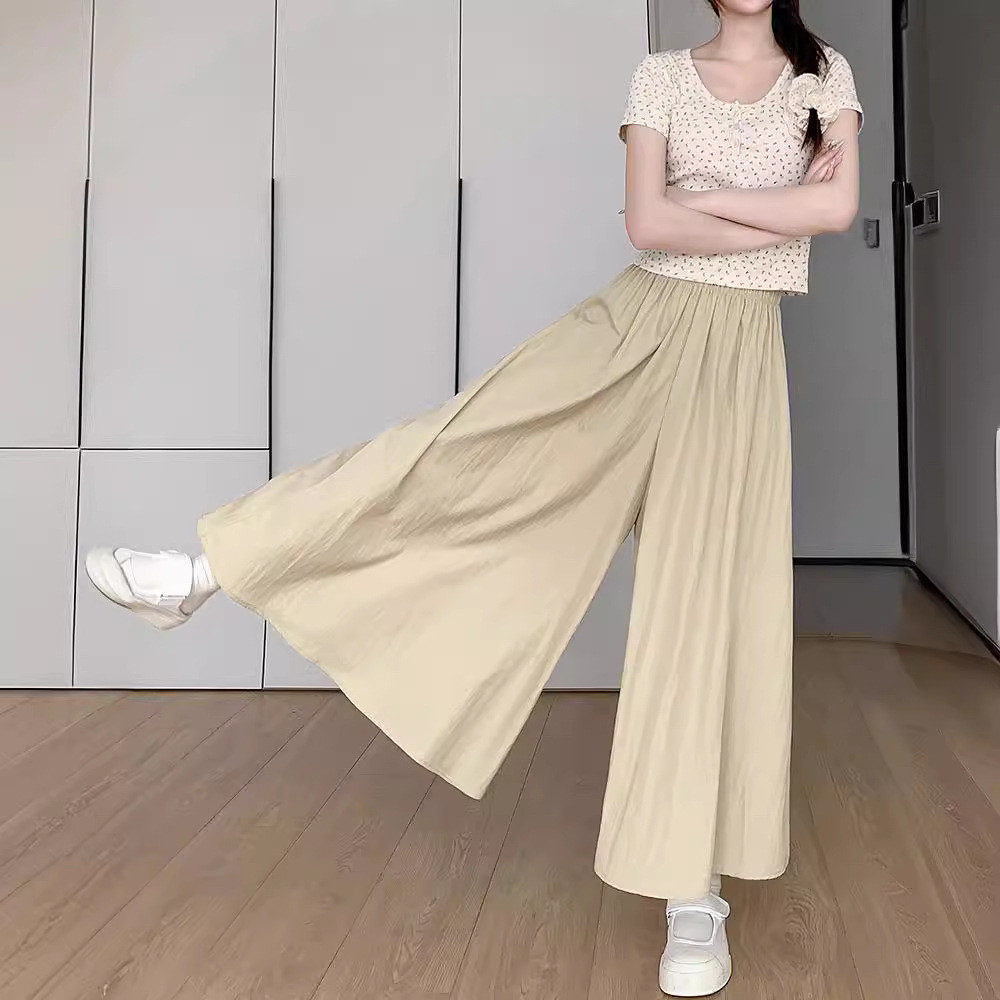 Floerns กางเกงขายาวขากว้างสาวอวบผู้หญิงสีพื้น เอวยางยืด ไตล์เกาหลีแฟชั่น กางเกงทรงหลวมไซส์ใหญ่ 9 ส่วน ลำลอง
