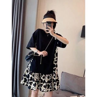 【Oversize Dress】(40-150 กก.) แขนสั้น พลัสไซส์ มินิเดรส ทรงเอ ลายดอกไม้ ประกบ หลวม เดรสแฟชั่นเกาหลี Plus Size Dress