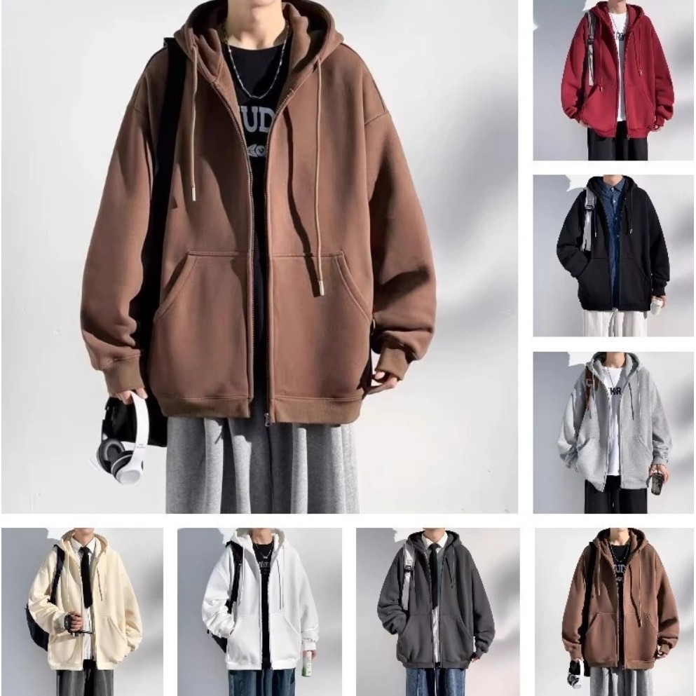 【7สี M-5XL】เสื้อฮู้ดผู้ชายแฟชั่นเรียบง่ายทุกการแข่งขันคู่หลวมขนาดบวกเวลาว่างเสื้อแจ็คเก็ตผู้ชาย