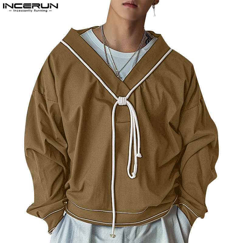 Incerun เสื้อยืดแขนยาวคอวีลําลองเกาหลี