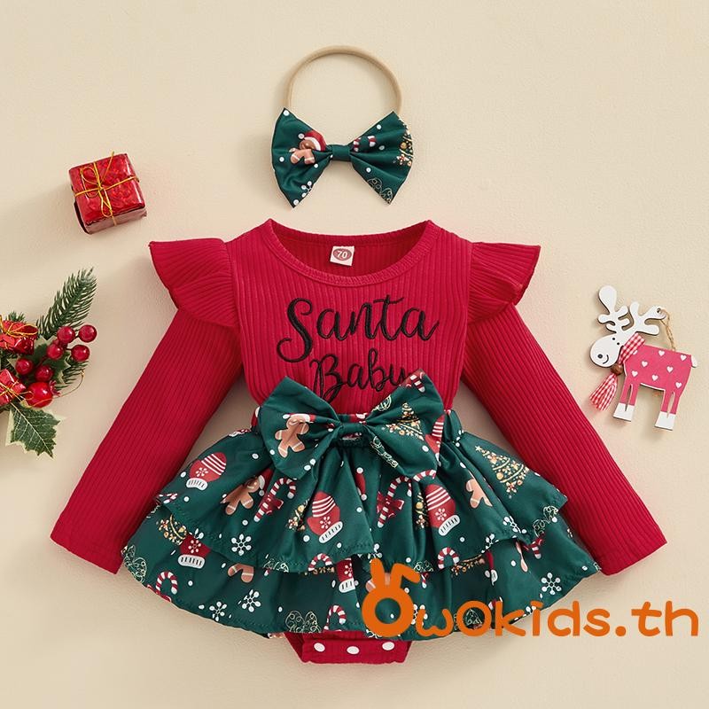 ชุดรอมเปอร์คริสต์มาสสําหรับเด็กทารกแขนยาว Letter Santa หมวกพิมพ์ Romper พร้อมที่คาดผมโบว์