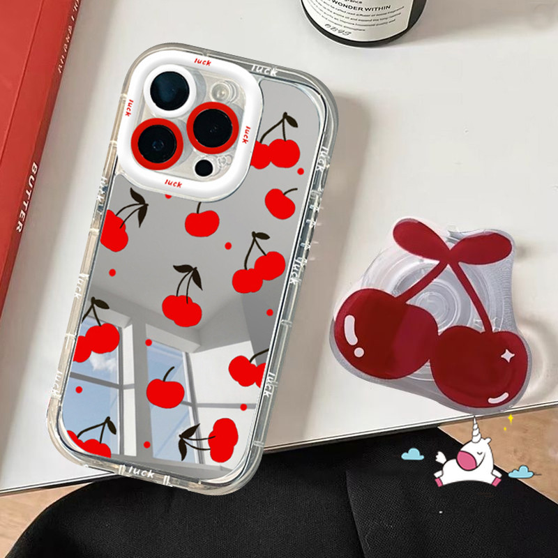 การ์ตูนเชอร์รี่น่ารัก Love Heart อินเทรนด์ Cherry Stand สร้อยข้อมือสําหรับ IPhone 7Plus 14 15 13 11 16 12 Pro Max XR X 8 16 15 7 Plus XS Max SE 2020 หรูหรา Make Up กระจกกรณี