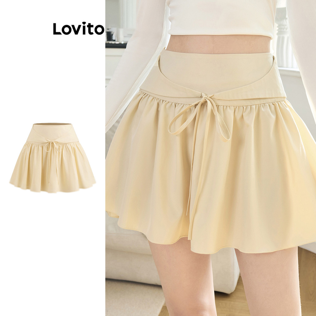 Lovito กระโปรงจีบลูกไม้ธรรมดาแบบสบาย ๆ สำหรับผู้หญิง L102AD266
