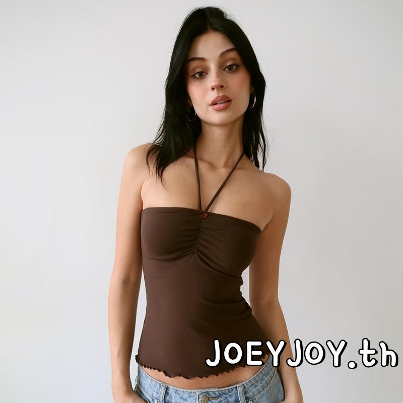 Joeyjoy-เสื้อกล้ามคล้องคอสําหรับฤดูร้อนสําหรับผู้หญิงแขนกุดปิดไหล่สีทึบ