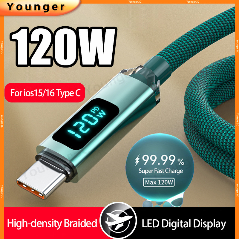 จอแสดงผลดิจิตอลอัจฉริยะ 120W Super Fast สายชาร์จ, USB To Type C Charger สายไฟ LED Digital Display, โปร่งใส Dual Type C ข้อมูลสายสําหรับ ios15/16 ประเภท C