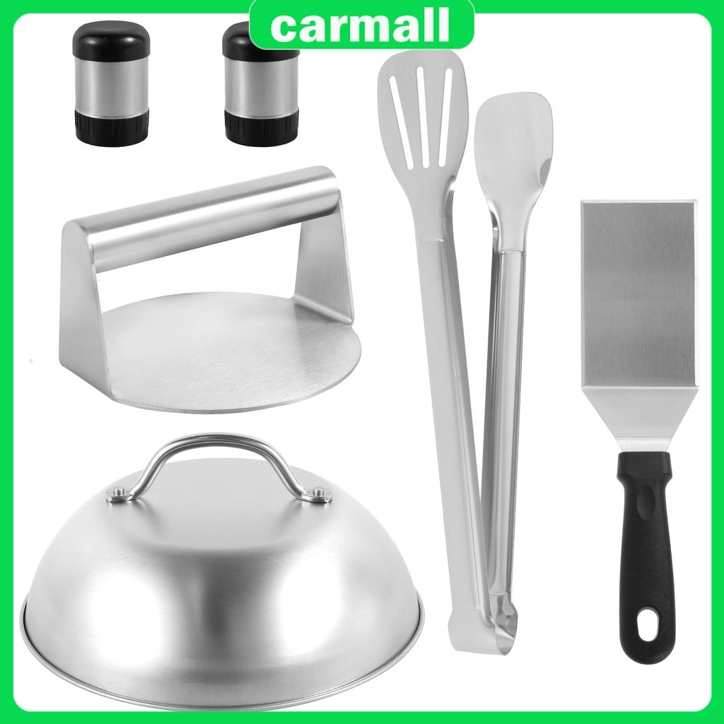 6 ชิ้น Smash Burger Kit พร้อมฝาปิด Griddle ไม้พาย 5.5 นิ้วสแตนเลส Burger กด Non-Stick Burger Smasher