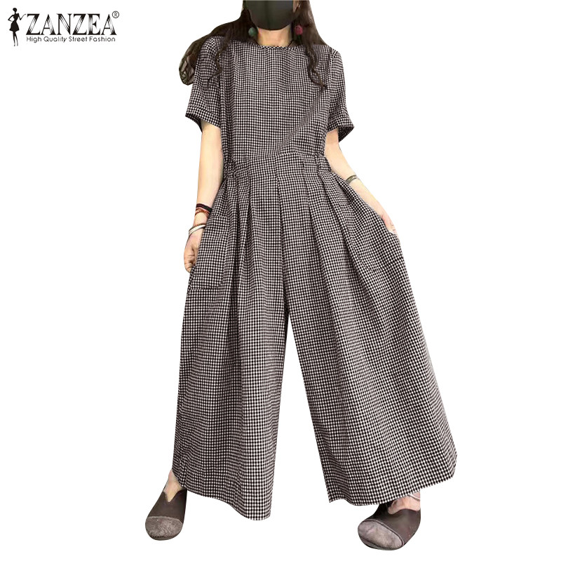 ZANZEA ใส่ ซานเซีย ผู้หญิงเกาหลีลําลองลายสก๊อตรอบคอซิปแขนสั้นจีบกระเป๋าขากว้างเหมาะสมกับ