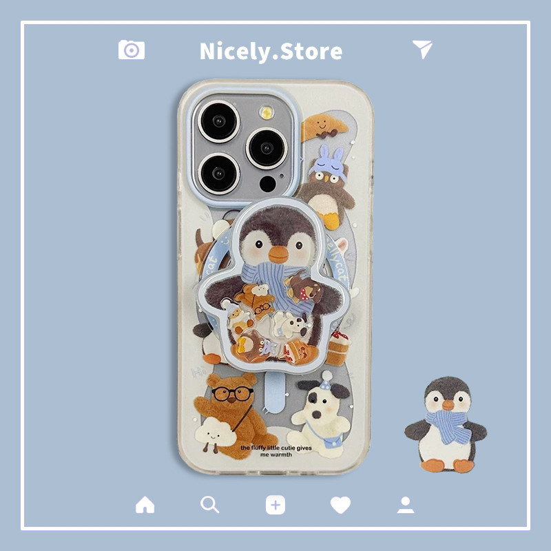 พรีเมี่ยม Penguin ผู้ถือเลื่อนขาตั้งแม่เหล็กไร้สายชาร์จเคสโทรศัพท์สําหรับ iPhone 16 15 14 13 Pro Max 16pro สกปรกทนกันชนปกหลัง