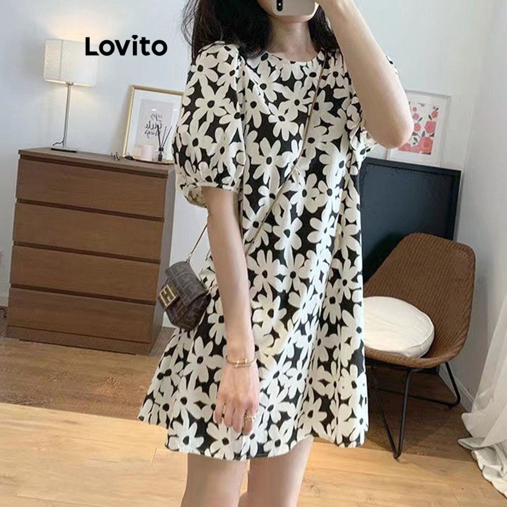 Lovito ชุดเดรส แขนพอง ลายดอกไม้ สไตล์ลำลอง สำหรับผู้หญิง LNE16222 (หลายสี)