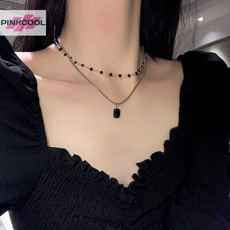 Pinkcool ผู้หญิงสร้อยคอChoker Double Layerสร้อยคอลูกปัดของขวัญสําหรับเพื่อนเงินสีเรขาคณิตสร้อยคอขายส่งเครื่องประดับคอร้อน
