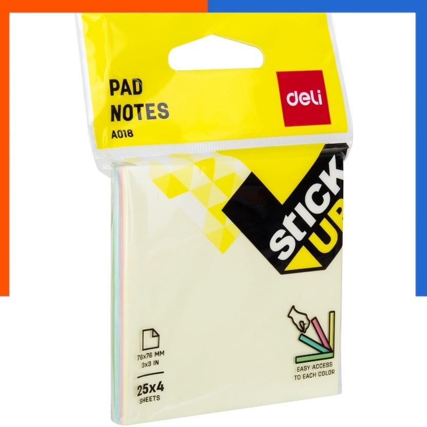 โพสอิท A018 02 Deli คละสี 4 สี 3x3 นิ้ว ติดแน่น 100แผ่น [สีละ25แผ่น] ลอกออกง่าย สีพาสเทล กระดาษโน๊ตกาว US.Station