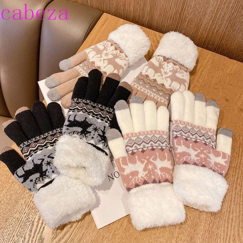 Cabeza Full Finger ถุงมือ, Plush หนาคริสต์มาสถักถุงมือ,แฟชั่น Warm Plush Cuff หน้าจอสัมผัสฤดูหนาว Mittens ขี่จักรยาน