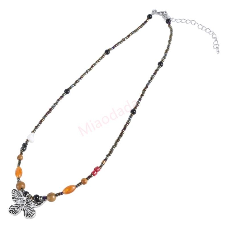 Mdd Bohemian Beaded Butterfly Pendant Necklace Colored Seed Beaded Adjustable Necklace