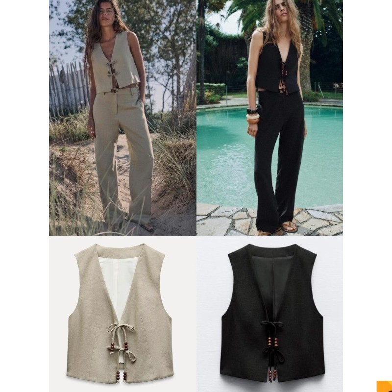 2025 Spring New Product Beaded Bow-Knot Linen Blended Vest8222939