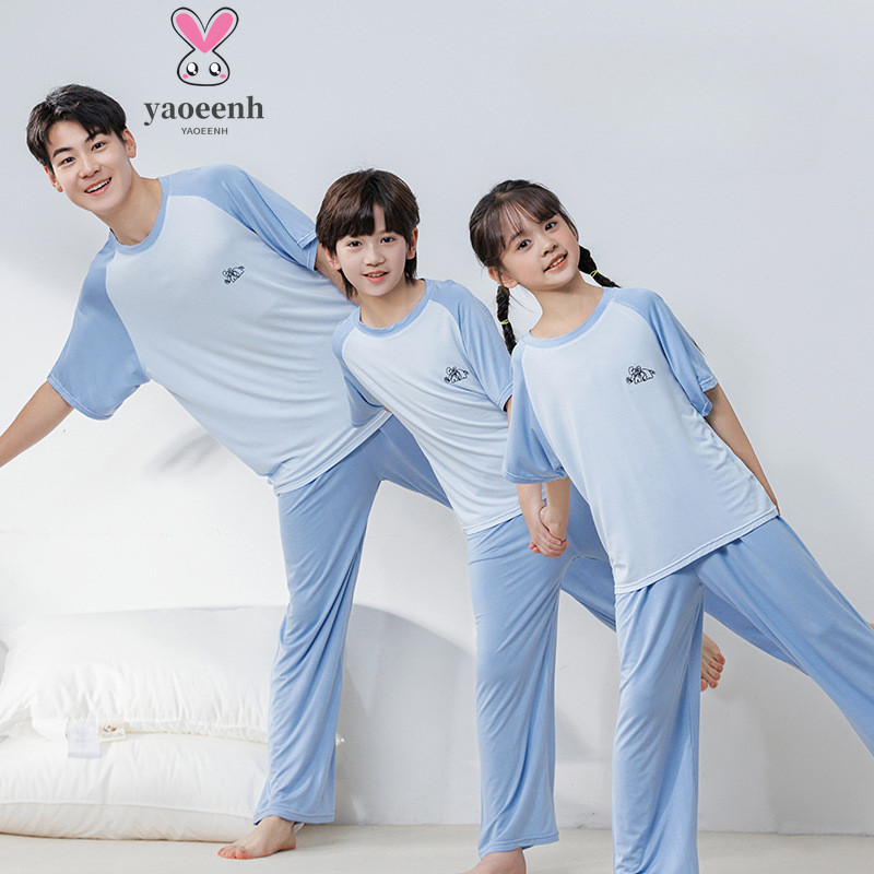 【YAOEENH】100-180 ซม.ฤดูร้อนพ่อแม่และลูกสวมใส่การจับคู่สี Raglan ไหล่ Modal Loungewear ขนาดกลางขนาดใหญ่เด็กสบายๆกางเกงแขนสั้น Pa