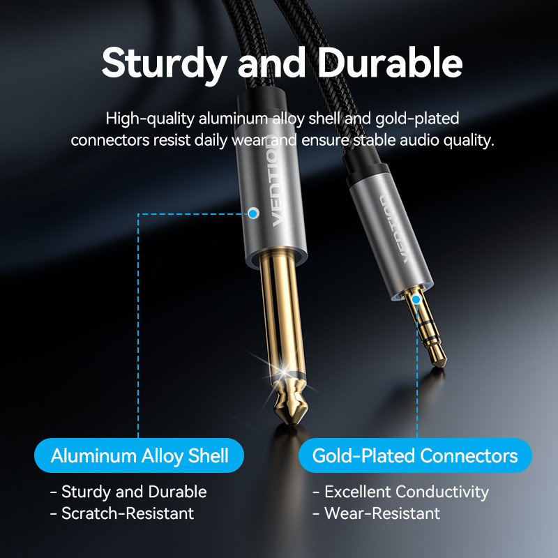 Vention TRS 3.5 มม. ชายเป็น TS 6.35 มม. สายสัญญาณเสียงชายในอลูมิเนียมอัลลอยด์พร้อมปลอกถักไนลอน
