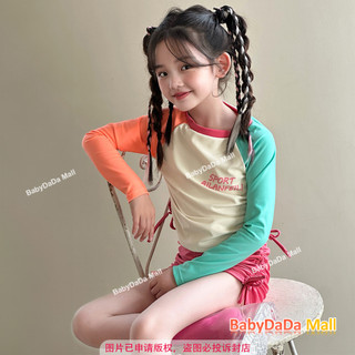 HOT [Three-Piece Suit] Girls Swimsuit Long-Sleeved Split Color Matching Racing Training Sports Cartoon Diving Quick-Drying Sun