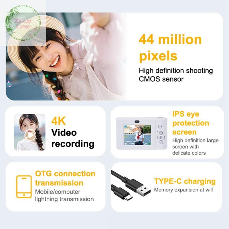 BigBabyHouse 44MP Mini CCD กล้องดิจิตอลพร้อมการ์ดหน่วยความจํา 4K เลนส์คู่ 8X ซูมการเดินทางกล้องสําหรับเด็กหญิงเด็กของขวัญ TH