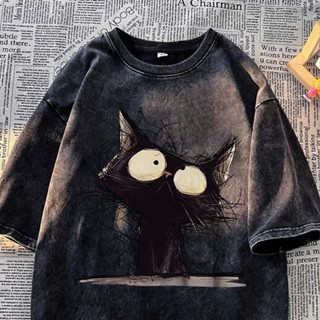 เสื้อผ้าคู่รักที่มีแนวโน้มแฟชั่น เสื้อยืดฟอกที่มีลายการ์ตูนท…