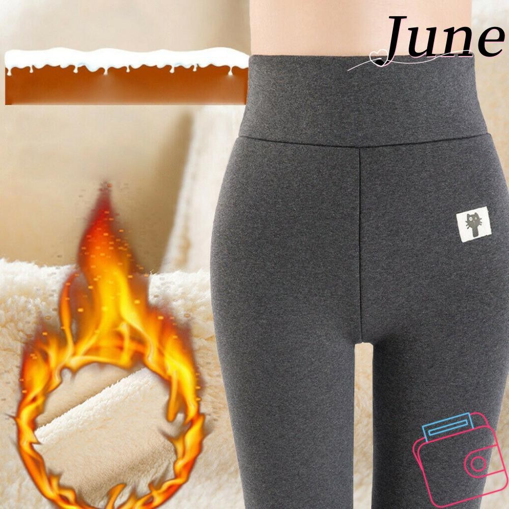 เลกกิ้งบุขน จูเน่ เลกกิ้งกันหนาวเอวสูงนุ่มสีดําสีเทาแมวแพทช์หนายืดหยุ่นกางเกงอบอุ่นผู้หญิงสาว