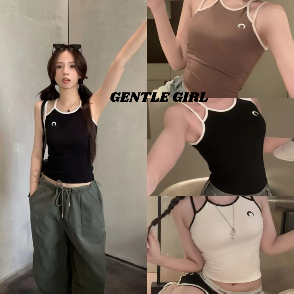 #GG🎀จัดส่งที่รวดเร็ว🎀เสื้อคล้องคอปักลายดวงจันทร์สไตล์เกาหลีฤดูร้อนสไตล์ใหม่เสื้อดีไซน์สั้นสำหรับผู้หญิงอินเทรนด์