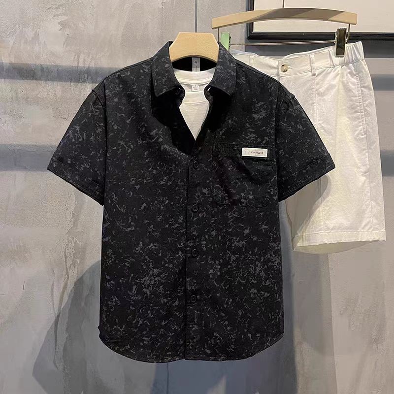 ฤดูร้อนสไตล์ใหม่แฟชั่น High-End Splash Ink ดอกไม้เสื้อผู้ชายอินเทรนด์ All-Match Retro สั้น-