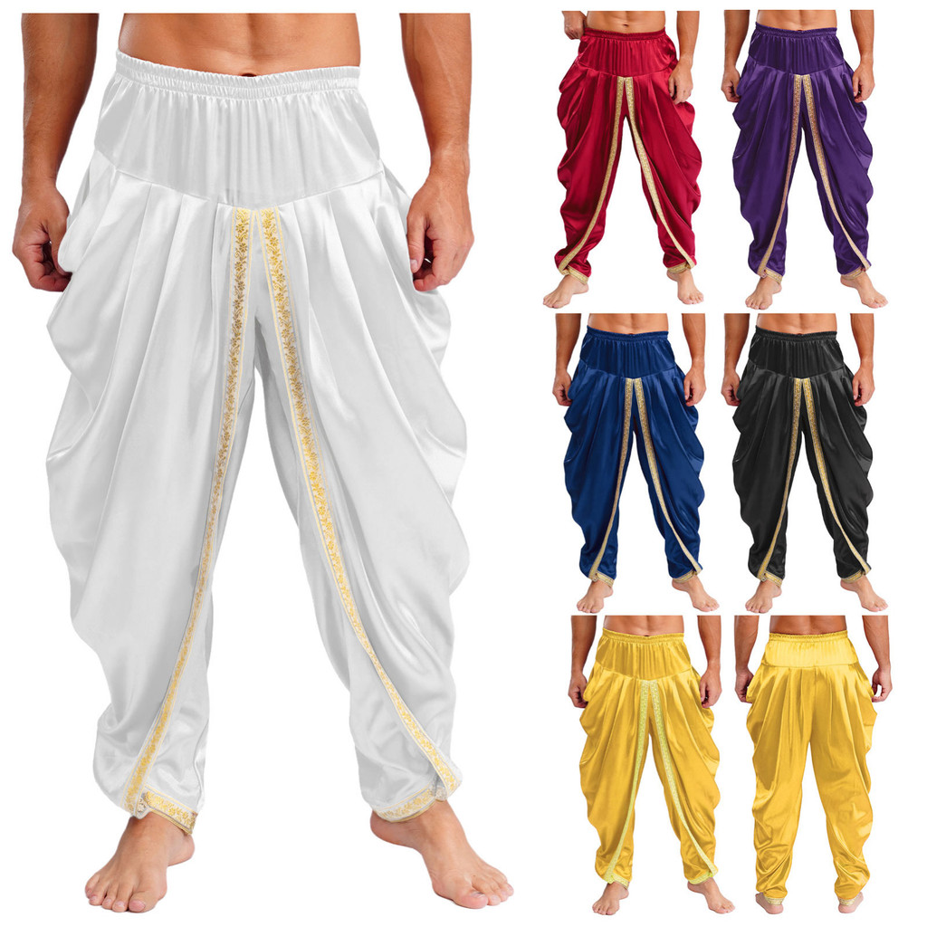 Yeahdor ผู้ชายซาติน Dhoti กางเกง Casual เอวยางยืด Draped Baggy กางเกงสําหรับปาร์ตี้ธีมวันหยุด