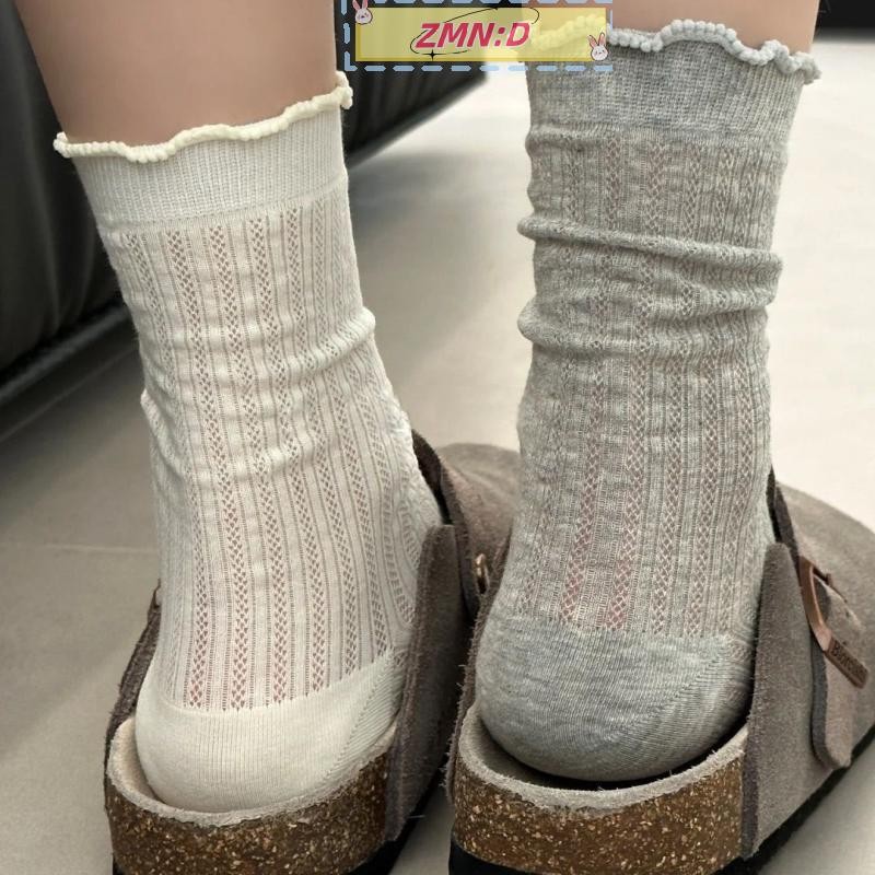 ใหม่wellknowngreat ผู้หญิงสีทึบตาข่ายถุงเท้ากลางหลอดฤดูร้อนน้ําหนักเบา Breathable แฟชั่นขอบหยักบัลเล