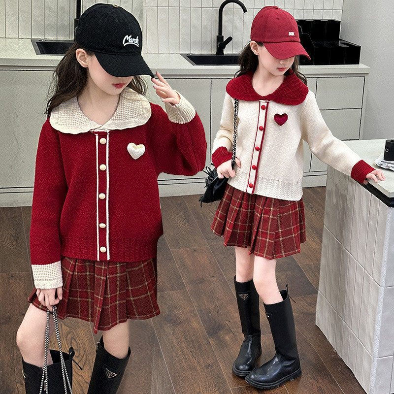 สาวคริสต์มาสเสื้อผ้าฤดูใบไม้ร่วงฤดูหนาวเสื้อกันหนาวญี่ปุ่น + กระโปรงจีบลายสก๊อตชุดสองชิ้น 4-15 ปี