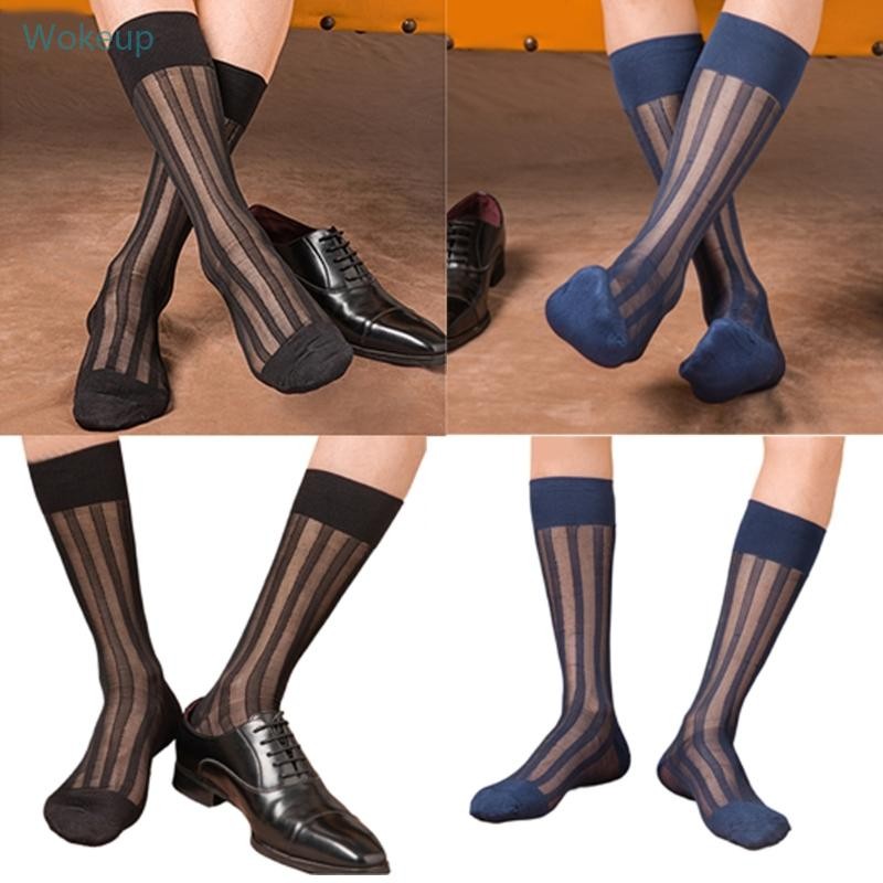 Wake Mens บางชุดถุงเท้าผ้าไหม Sheer ธุรกิจอย่างเป็นทางการถุงเท้าไนลอนนุ่มกลางลูกวัวชุดถุงเท้าดูผ่านกว้างลาย S