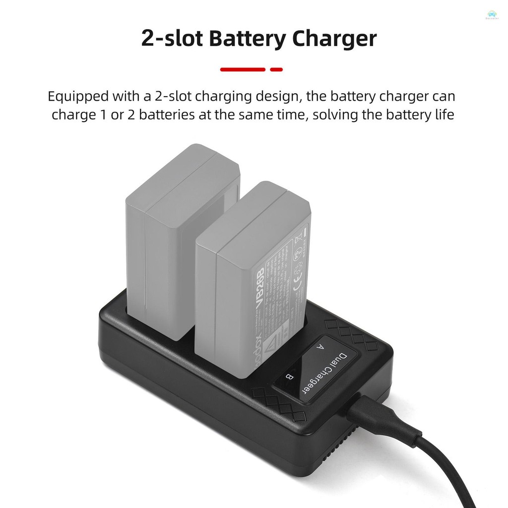 Yb2 Dual Charger แบบพกพา 2 ช่องแบตเตอรี่สําหรับ Godox V1/ V860III Series แฟลช Speedlite แบตเตอรี่ VB26A/VB26B/VB30