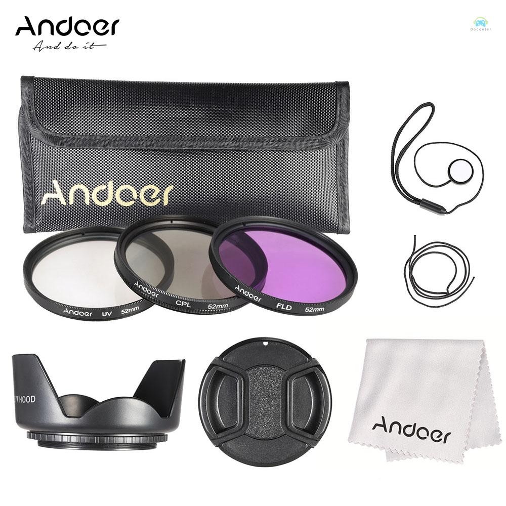 Yb2 Filters Andoer 52mm Filter Kit (UV+CPL+FLD) + กระเป๋าพกพาไนลอน + ฝาปิดเลนส์ + เลนส์ฮูด + ผ้าทําค