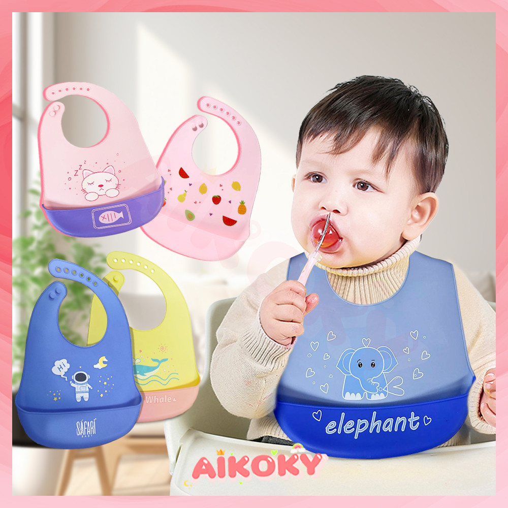 AIKOKY ชุดกันเปื้อนเด็ก กันเปื้อนเด็ก Food Grade ปลอดภัยสำหรับเด็ก กันเปื้อนซิลิโคน ผ้ากันเปื้อนเด็กซิลิโคน