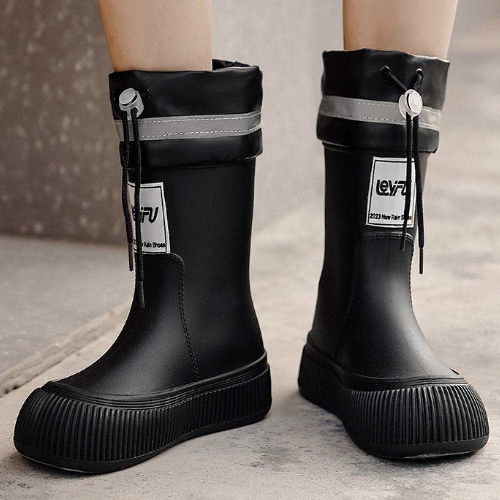 Rookiedd4 รองเท้ากันฝนผู้หญิง, Letter Anti Slip การ์ตูน Rainshoes, แฟชั่นกันน้ํา Drawstring หนาลูกวัว Galoshes Snowing