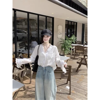 mimi&didi#เสื้อเชิ้ตแขนยาวคอวีลายลูกไม้เย็บปะติดปะต่อเซ็กซี่ เสื้ออารมณ์ความยาวปานกลางสำหรับสวมใส่ด้านนอก#W509