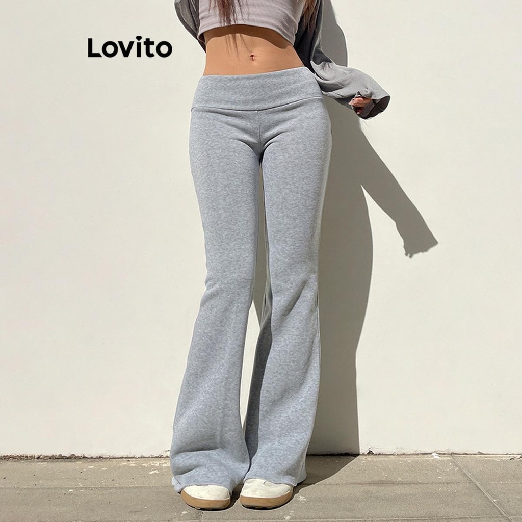 Lovito กางเกงผู้หญิง เย็บตีเกล็ดหน้า สีพื้น สไตล์ลำลอง LNL68134