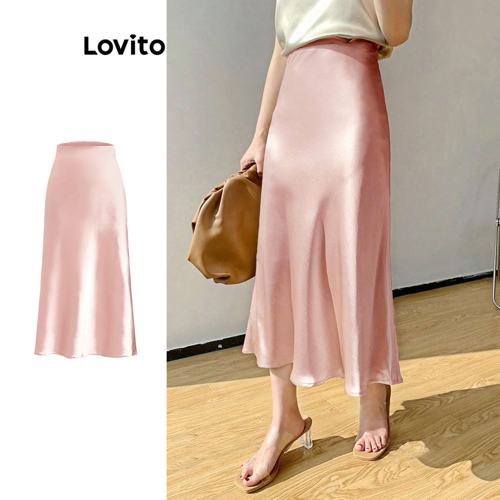 Lovito กระโปรงผู้หญิง ตีเกล็ดหน้า สีพื้น สไตล์หรูหรา L95ED354