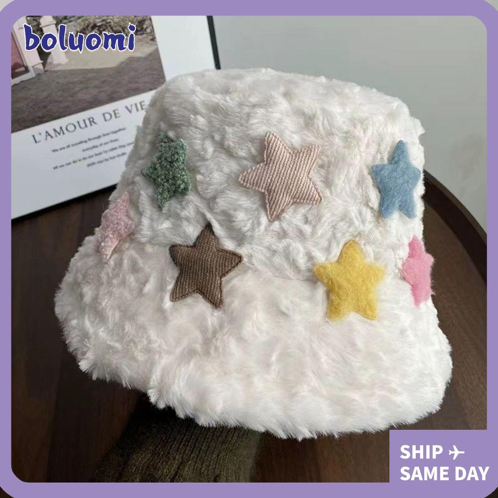 โบลูโอมิ หมวกบักเก็ตฤดูหนาว,เลียนแบบขนแกะหมวกชาวประมงกลางแจ้ง,อเนกประสงค์หวานดาวให้อบอุ่นปานามาหมวกผู้หญิง