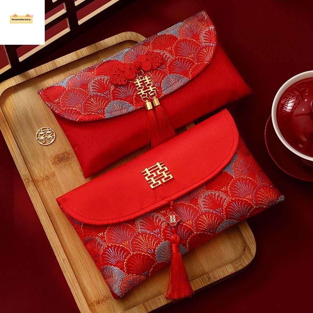 Fitnessfactory ซองจดหมายสีแดงโบรเคดเทศกาลฤดูใบไม้ผลิคําอวยพรปีใหม่ 2025 กระเป๋าเงิน, HongBao ผ้าโบรเคดพู่เย็บปักถักร้อยปีใหม่กระเป๋าเงินงานแต่งงานจีน