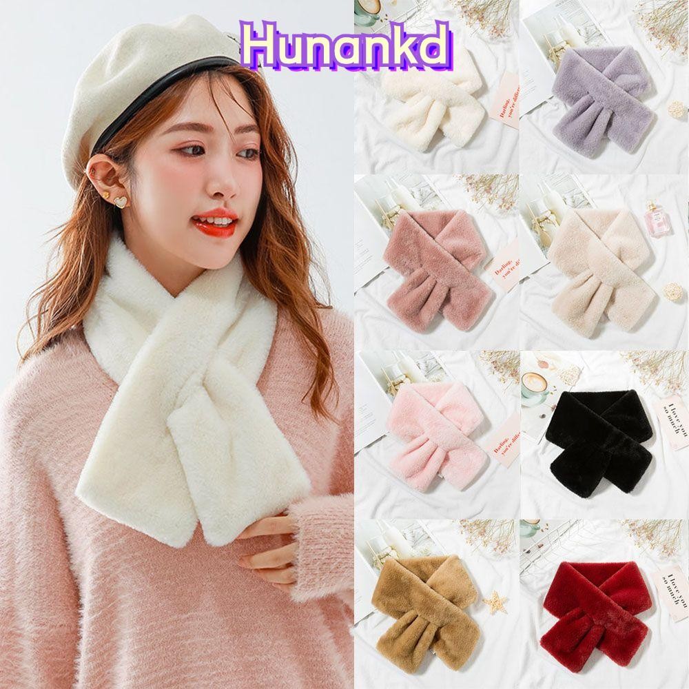 Huan ผ้าพันคอข้ามผู้หญิง ผ้าพันคอขนกระต่ายเทียม ผ้าคลุมไหล่คออุ่น