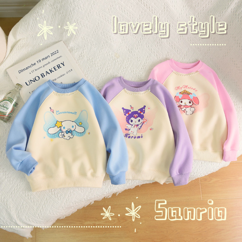 Melody Girls Oversize Raglan แขนยาว Sanrio Angel น่ารักพิมพ์ Pearl Chain ใหม่ฤดูใบไม้ร่วงผ้าฝ้ายเสื้อผ้าเด็ก
