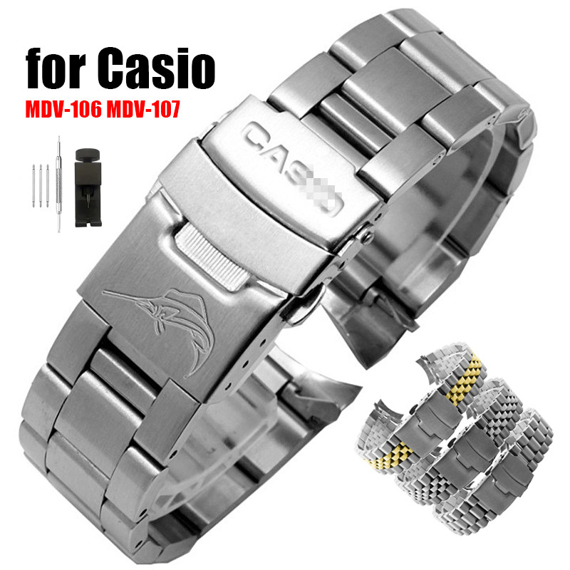ปลายโค้ง 22 มม.สายนาฬิกาสแตนเลสแข็งสําหรับสร้อยข้อมือ Casio สําหรับ Swordfish MDV-106 MDV-107 2784 ส