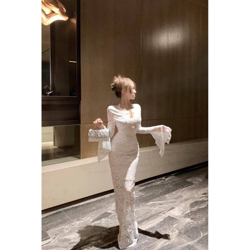 Xyzkuli Retro ชุดลูกไม้สีแดงผู้หญิงฤดูใบไม้ร่วงแขนยาวแคบ-เอว Slim-Fit กระโปรง French Royal Sister อารมณ์สะโพก ราคา ถูกที่สุด ดีลบีเคเค แกลเลอรีภาพที่ 5