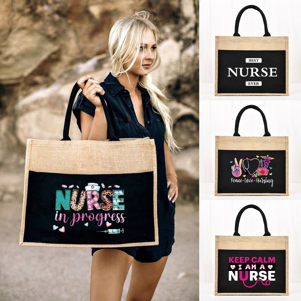 กระเป๋า Tote สามารถนำมาใช้ซ้ำได้ถุงช้อปปิ้งความจุขนาดใหญ่ถุงของชำลินินถุงเก็บของพยาบาลชุดบีชวินเทจกระสอบกระเป๋าถือ