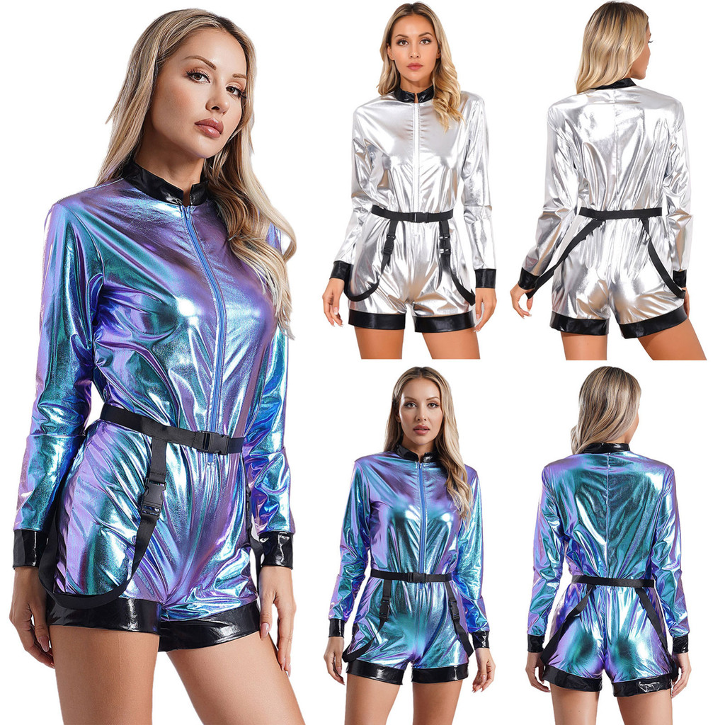 Yhong Womens Metallic Shiny Astronaut Jumpsuit พร้อมเข็มขัดเอวซิปด้านหน้า Boyshorts ชุดบอดี้สูท Dress-Up เครื่องแต่งกายสําหรับฮาโลวีนคริสต์มาส