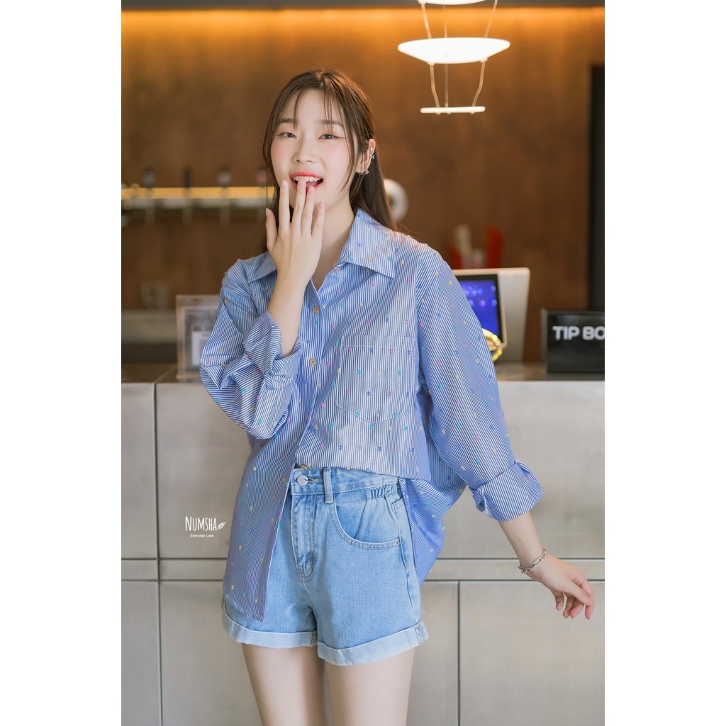 Numsha Brand เชิ้ตลายทางปักเต็มตัว / NB24002