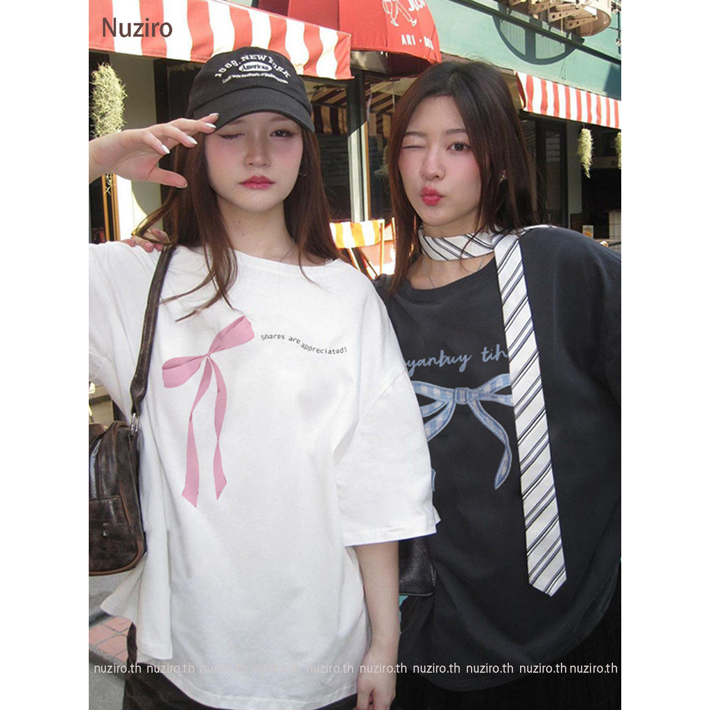 Nuziro เสื้อยืด oversize - เสื้อยืดแขนสั้นพิมพ์ตัวอักษรโบว์แฟชั่นที่เรียบง่าย #B001592